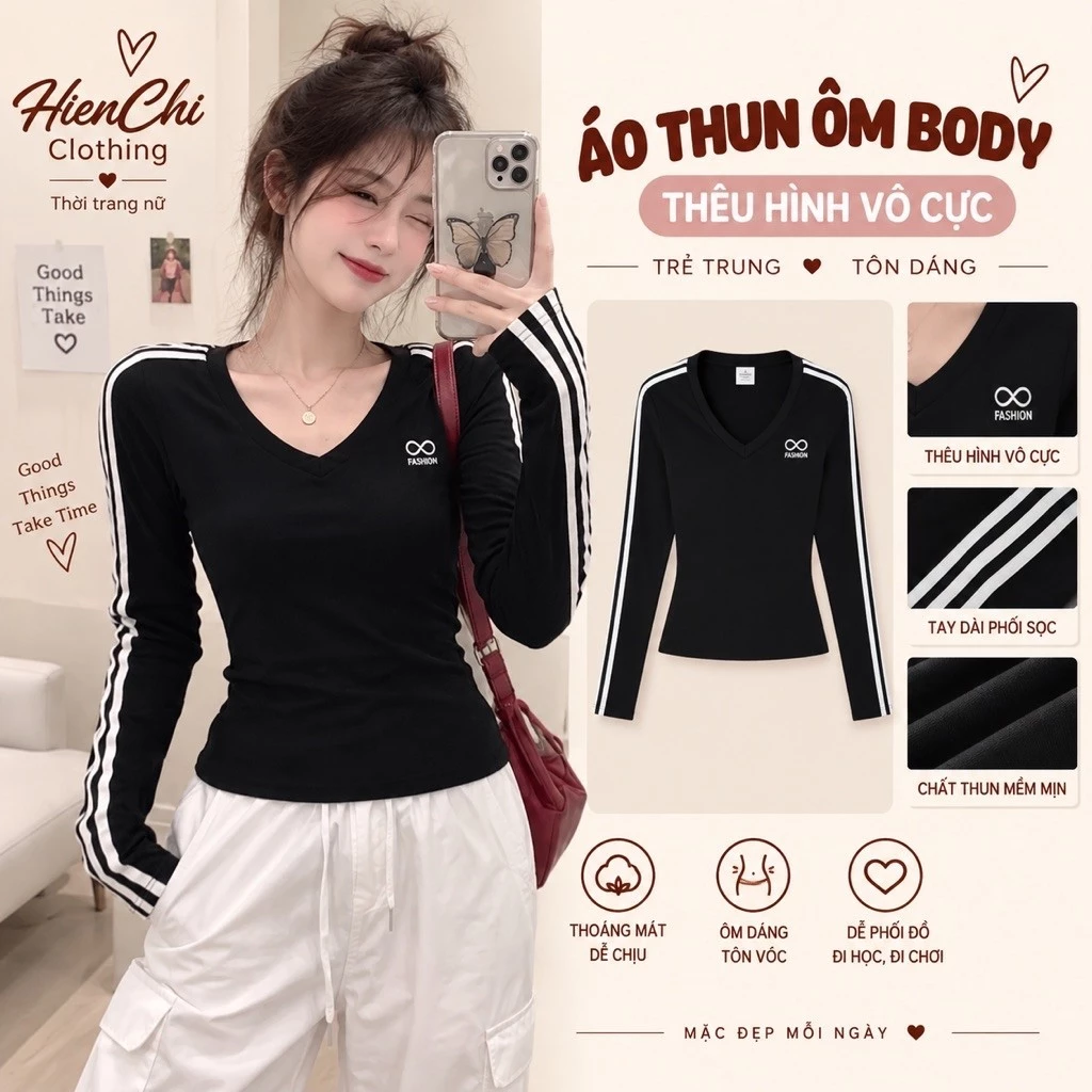 Áo Thun Dài Tay Cổ V Phối Ragllang . Áo Ôm Body Nữ From Crotop Tôn Dáng Chất Cotton Co Giãn Phong Cách Hàn Qu