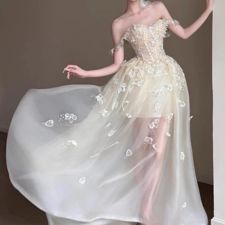 Váy Dạ Hội Công Chúa Ren Hoa 3D Dáng Xòe Cúp Ngực Trễ Vai Thanh Lịch Dự Tiệc
