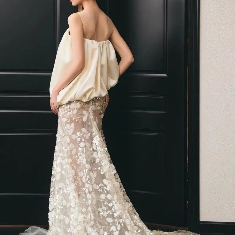 Áo Cúp Ngực Satin Phối Chân Váy Ren Sequin Hoa Dáng Dài Thanh Lịch Dự Tiệc Cưới Sang Trọng