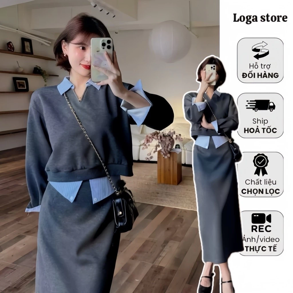 Set Bộ Nữ Áo Dài Tay Chân Váy Dài Cổ Sơ Mi Phối Sọc Thanh Lịch Hàn Quốc Logastore_L162