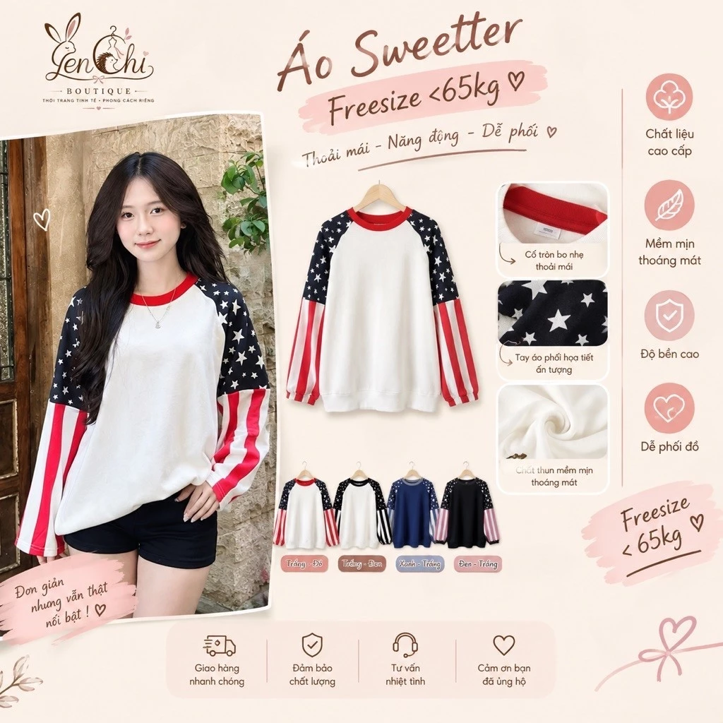 Áo Thun Dài Tay Cờ Mỹ Form Rộng Unisex. Sweeter Raglan Sao Sọc  Vải Cotton Co Giãn