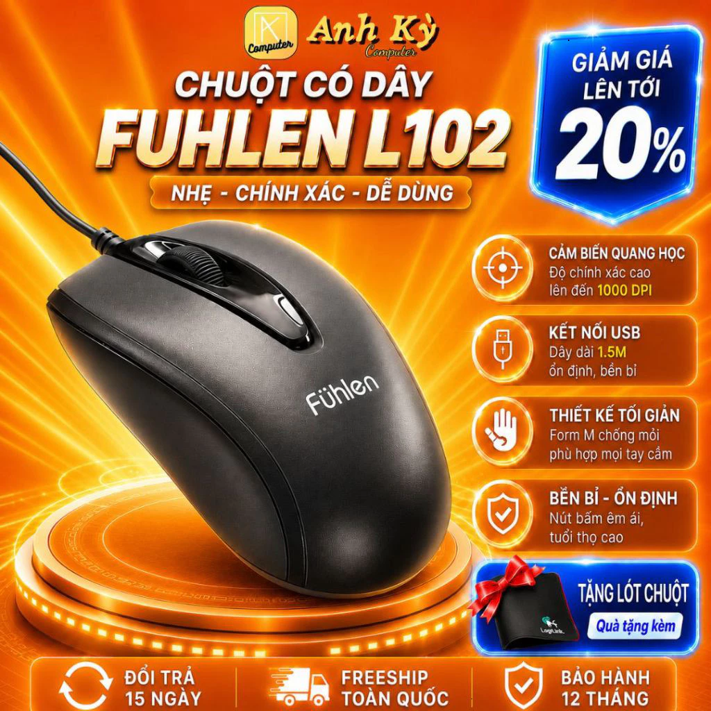 Chuột Máy Tính Fuhlen L102 Có Dây USB 1000DPI Dây 1.5M Thiết Kế Nhẹ 52g Cho Laptop PC Văn Phòng Học Tập