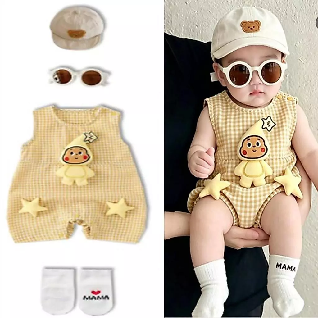 Bé mùa hè tay ngắn Romper bông thời trang vàng ngôi sao búp bê phong cách Hàn Quốc Jumpsuit 0-24 M