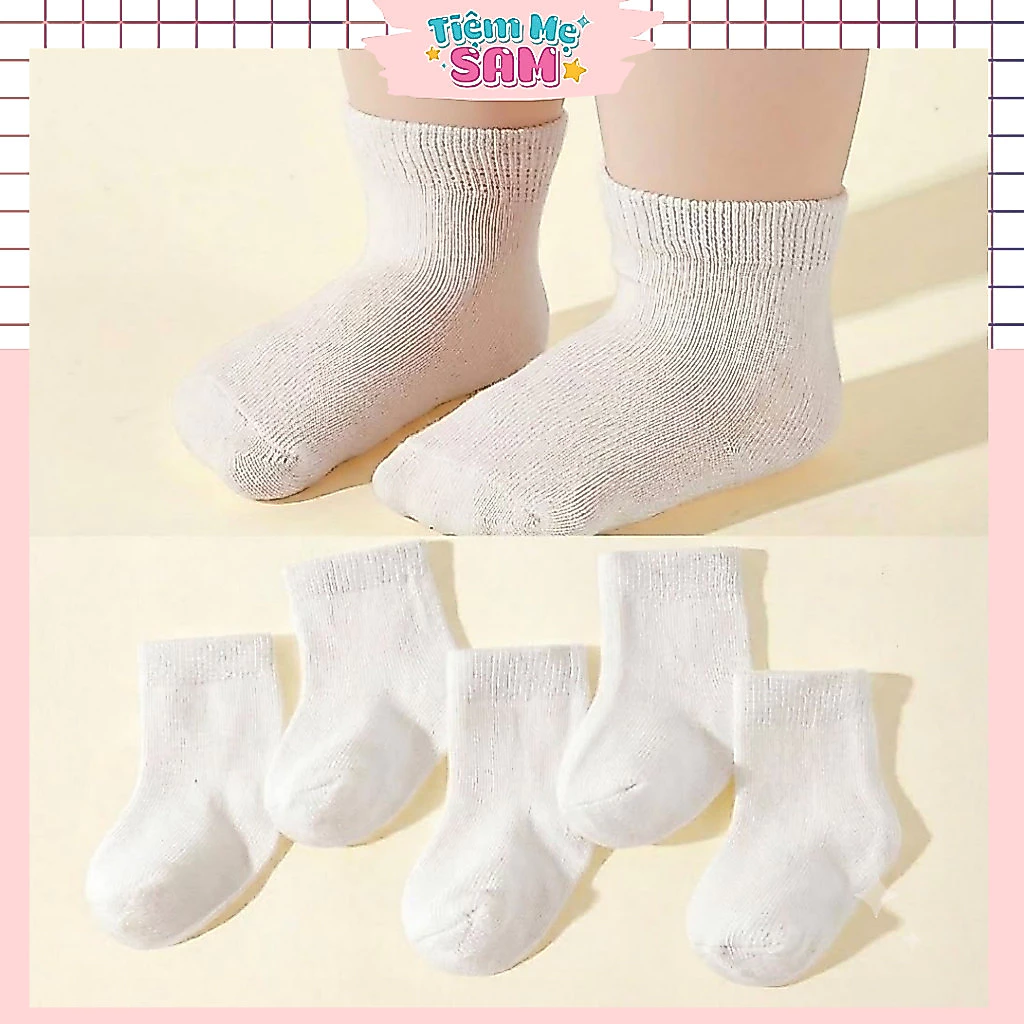 Set 5Đ Tất Cotton Trắng Trơn Cho Trẻ Sơ Sinh Đến 2 Tuổi, Tất Trơn Dễ Phối Đồ Cho Bé Trai Bé Gái - TMT004