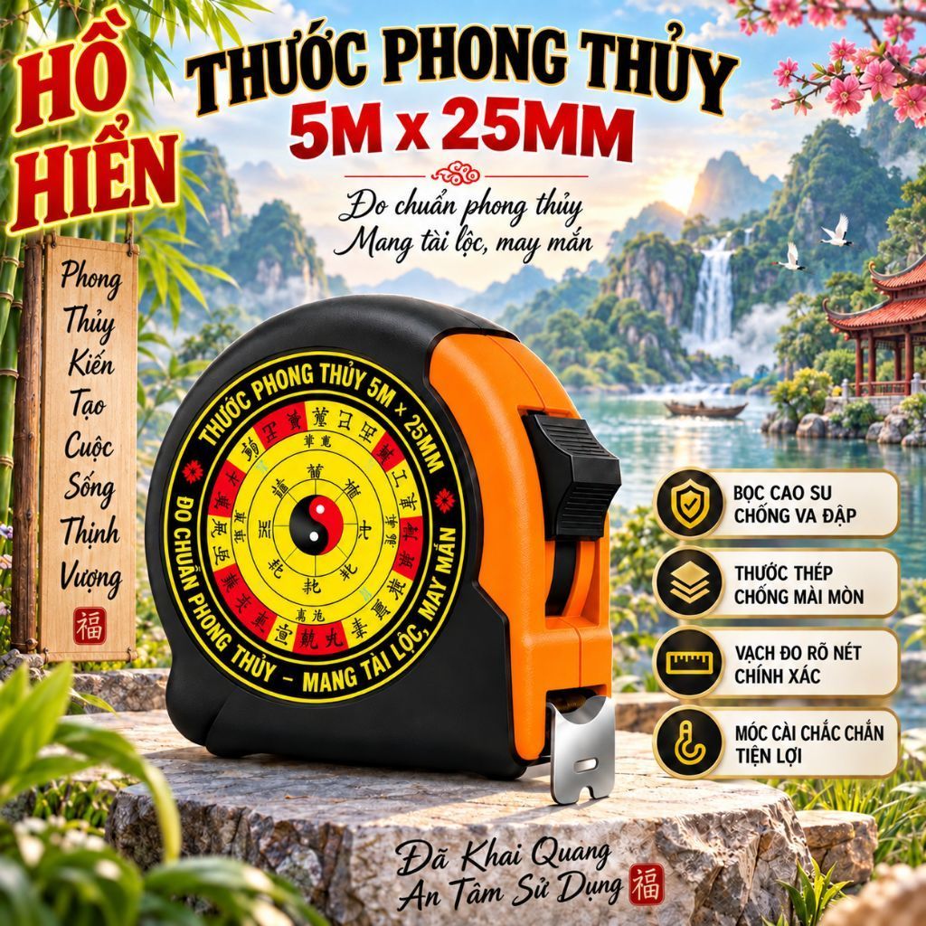 HỒ HIỂN Thước Lỗ Ban Phong Thủy 5M 3 Dòng – Đo Thông Thủy, Dương Trạch đo ba…