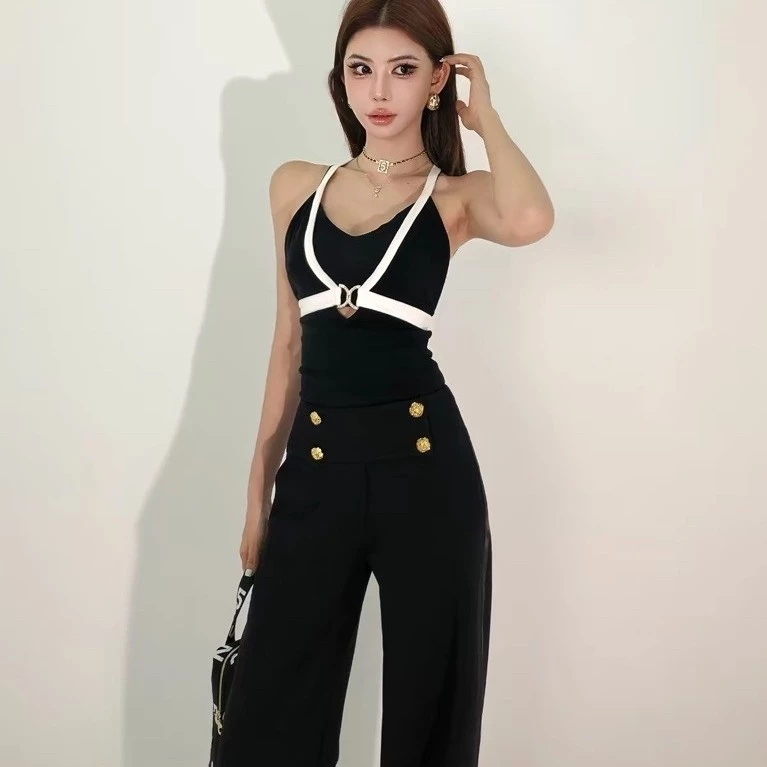 TIBU - Set Áo Cổ V Cài Khuy Ngực Phối Quần Suông Cạp Cao Sang Chảnh Đan Dây Lưng JENNIE Đi Chơi Dạo Phố B759