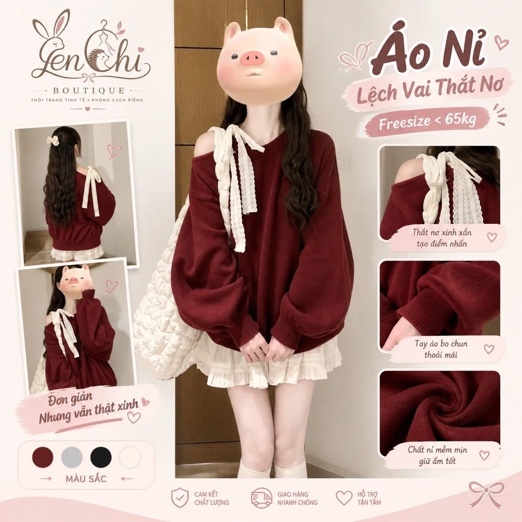 Áo Swetter Trễ Vai Thắt Nơ Nữ. Áo nỉ form rộng tay bồng màu đỏ, Hồng, ghi phong cách Hàn quốc