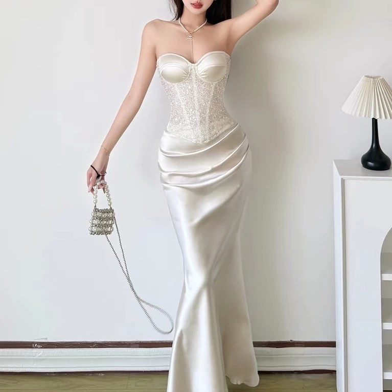Đầm Dài Nữ Dáng Ôm Phối Thân Áo Họa Tiết Lấp Lánh Chân Váy Rủ Xếp Ly