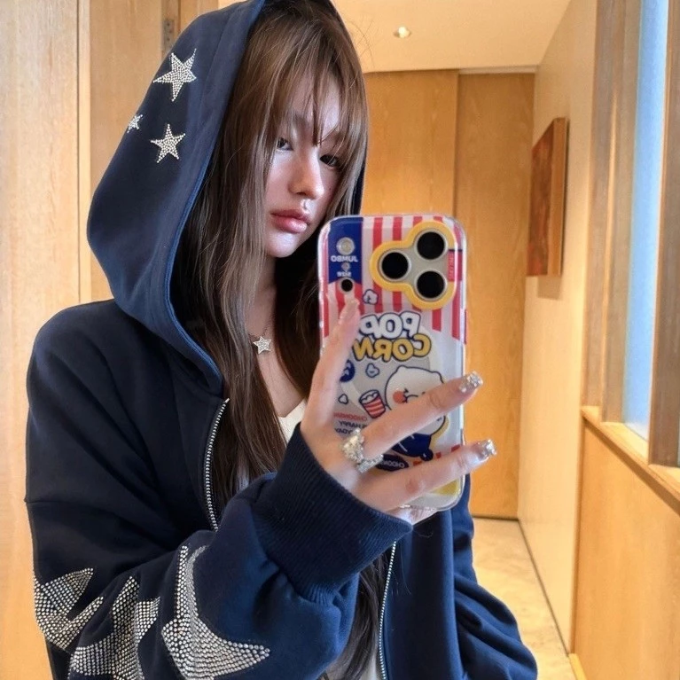 Áo Khoác Hoodie Zip Nỉ Ngoại Dày Dặn Đính Đá Ngôi Sao Unisex - Áo Khoác Mũ Trùm Họa Tiết Đính Đá Y2K Style Hàn Quốc