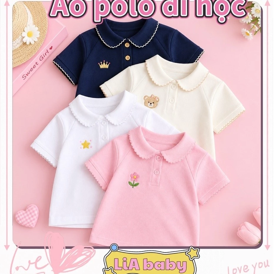 [LiA baby] Áo polo bé gái cổ sen chạy viền thêu hình xinh xắn cho bé đi học đi chơi(9-40kg)-A89
