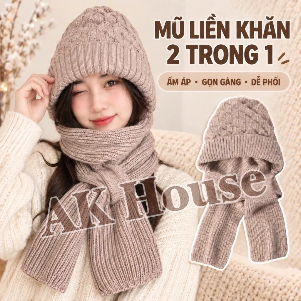 Mũ Len Liền Khăn nam nữ 2 Trong 1 Dệt Gân Mềm Mịn, Khăn Choàng Cổ Giữ Ấm Mùa Đông AK House