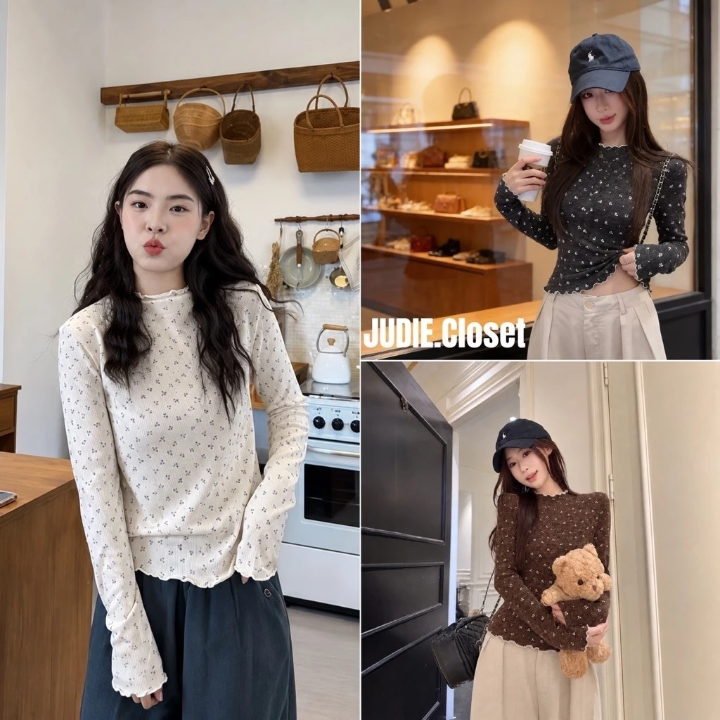 Chất LEN NHUNG QC - Áo Thun Hoa Nhí Giữ Nhiệt Cổ Bèo Chất Len Nhung JUDIE.Closet