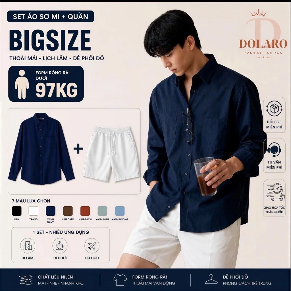 Combo Áo Sơ Mi Tay Dài Linen DOLARO Nhiều Màu Kèm Quần Short Kaki màu trắng Bigsize 100kg đi học đi chơi