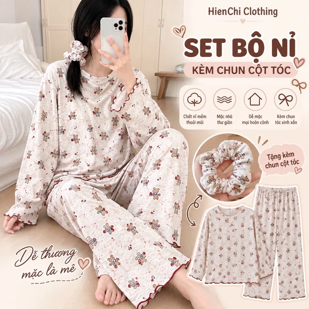 Đồ Bộ Nữ Dài Tay Viền Bèo Họa Tiết Dễ Thương Kèm Chun Tóc Quần Dài