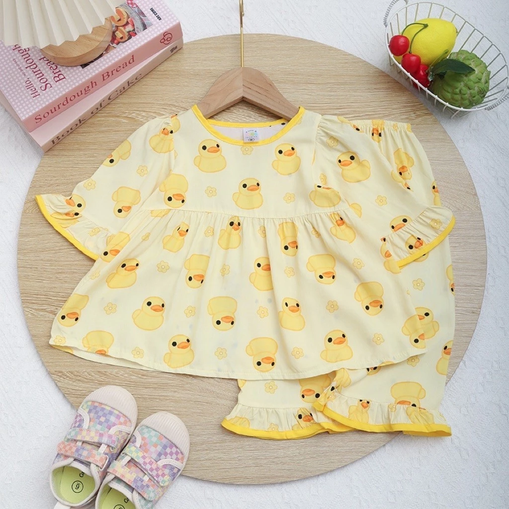 Bộ tole lanh baby doll áo tay lỡ quần bèo phối viền cho bé gái size 8-15kg- Lavin Kids