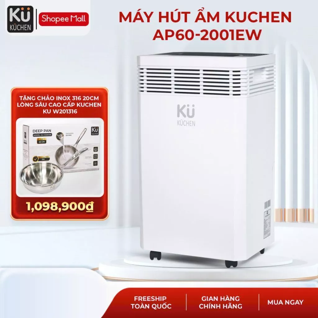Máy hút ẩm 64L/Ngày I Diện tích 120 - 160m2 tích hợp màng lọc bụi mịn PM2.5 KUCHEN AP60-2001EW