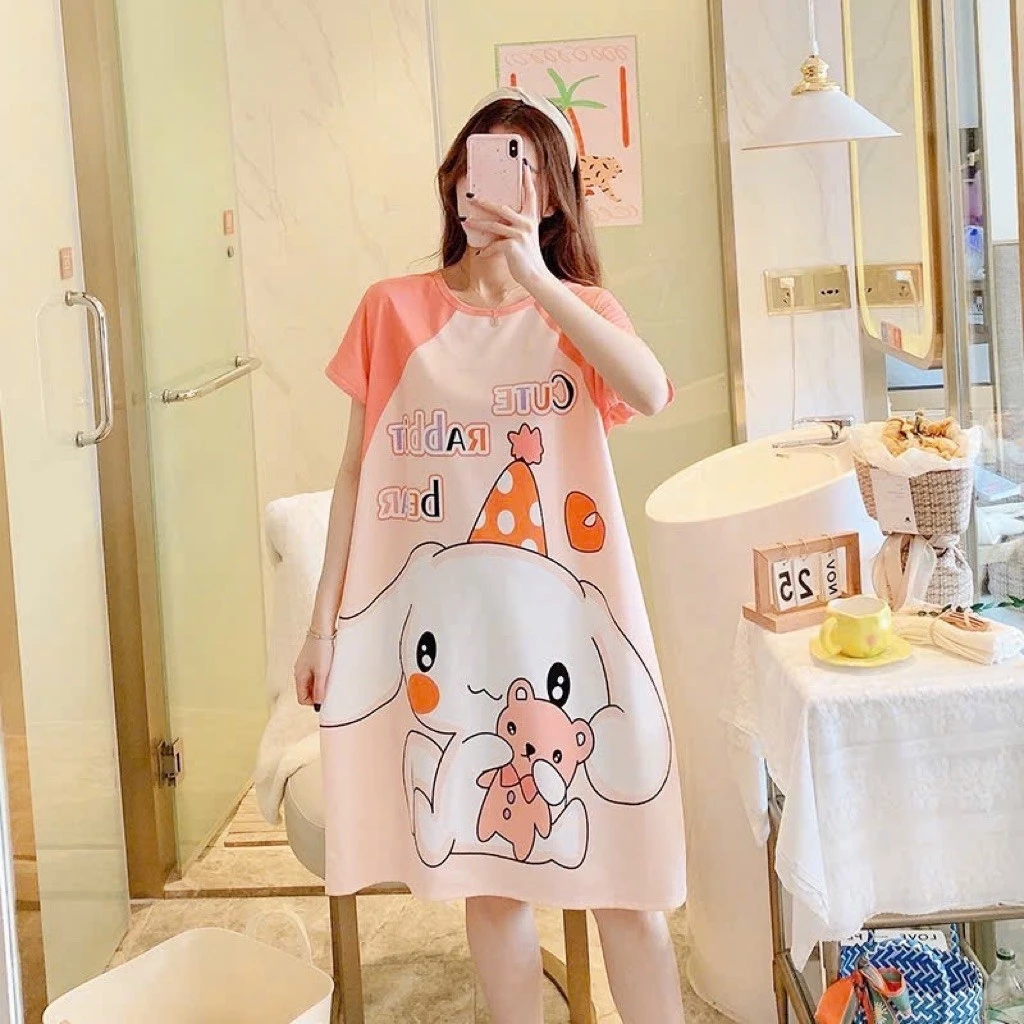 Đầm mặc nhà hoạ tiết hoạt hình dễ thương thun 4 chiều, Bigsize đến 100kg .Ship hoả tốc trong 30 phút