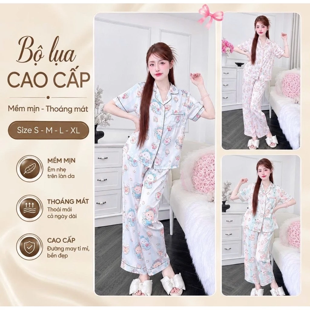 N4 Bộ Mặc Nhà Pijama Lụa Latin Hoạ Tiết Xinh Quần Dài  Có Túi , Phom Chuẩn Nhiều Size 40-75kg PJM031