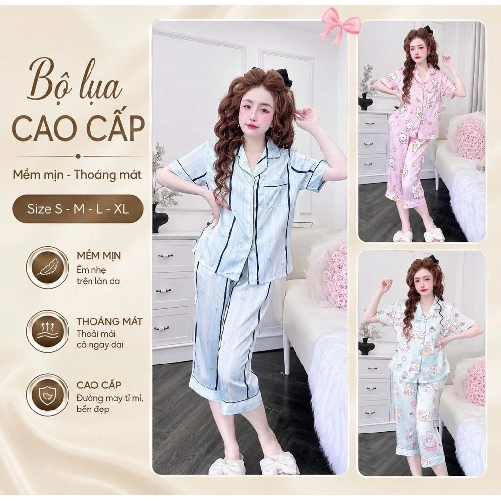 B1 Đồ Mặc Nhà Pizama Quần Lở Lụa Latin Thiết Kế Phối Hoạ Tiết Sang Trẻ Tươi Mới , Phom Chuẩn