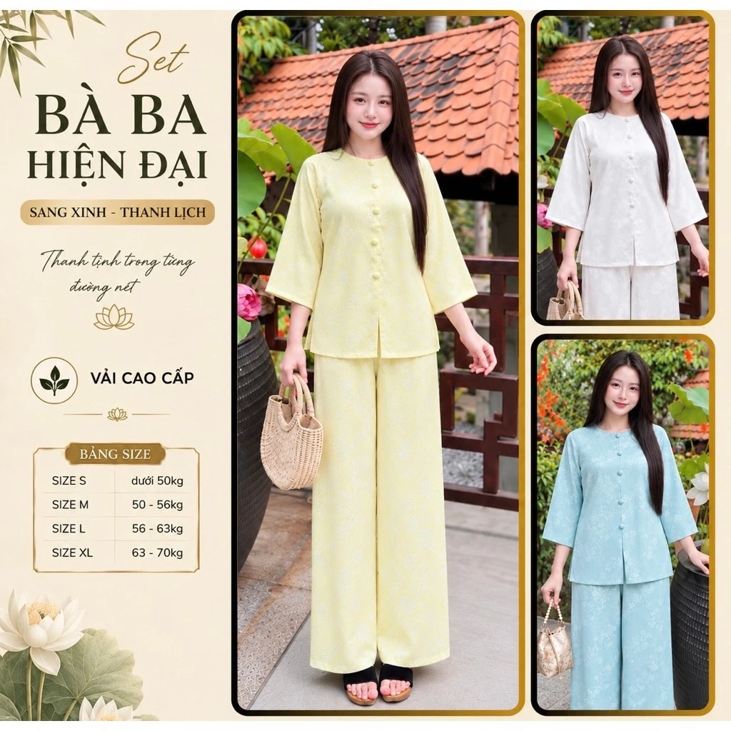 LAM05 Set bà ba , pháp phục lam đi lễ chùa lụa gấm 2 da  thiết kế trang nghiêm