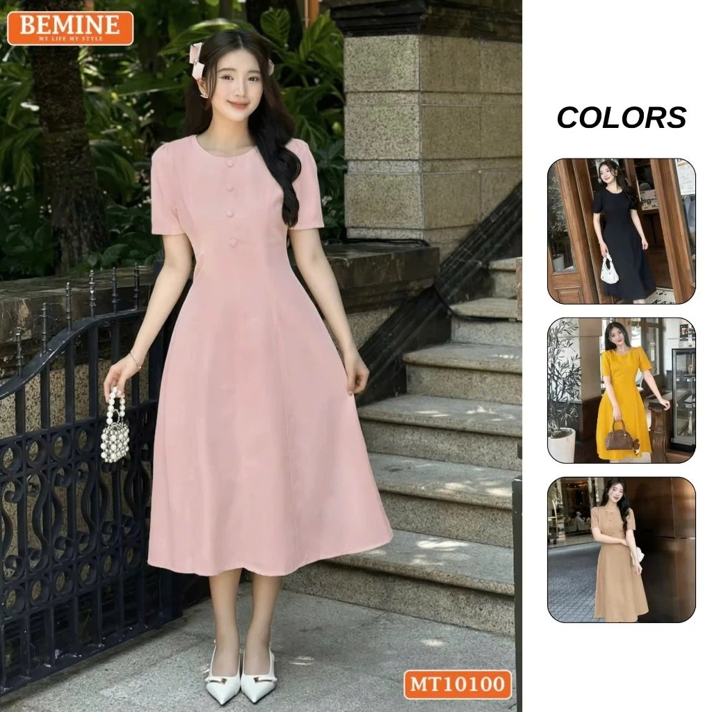 Đầm thiết kế BEMINE cổ tròn đính cúc dáng chữ A tay ngắn phù hợp đi làm, đi dạo phố-MT10100