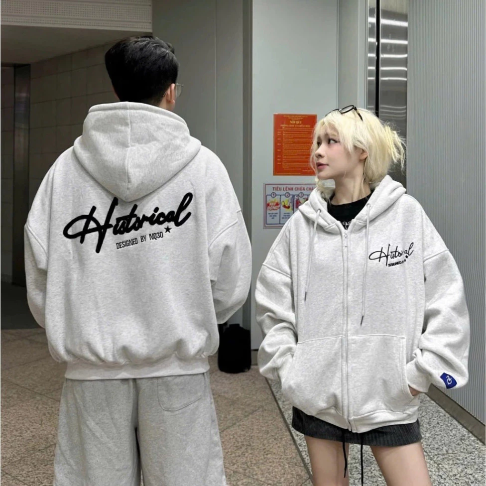 Áo Khoác Nỉ Hoodie Zip COTTON Form Boxy Thêu Xù NQ30 HISTORICAL Form Rộng Nam Nữ Unisex, Có Túi Trong 2025 Boy Phố 2025
