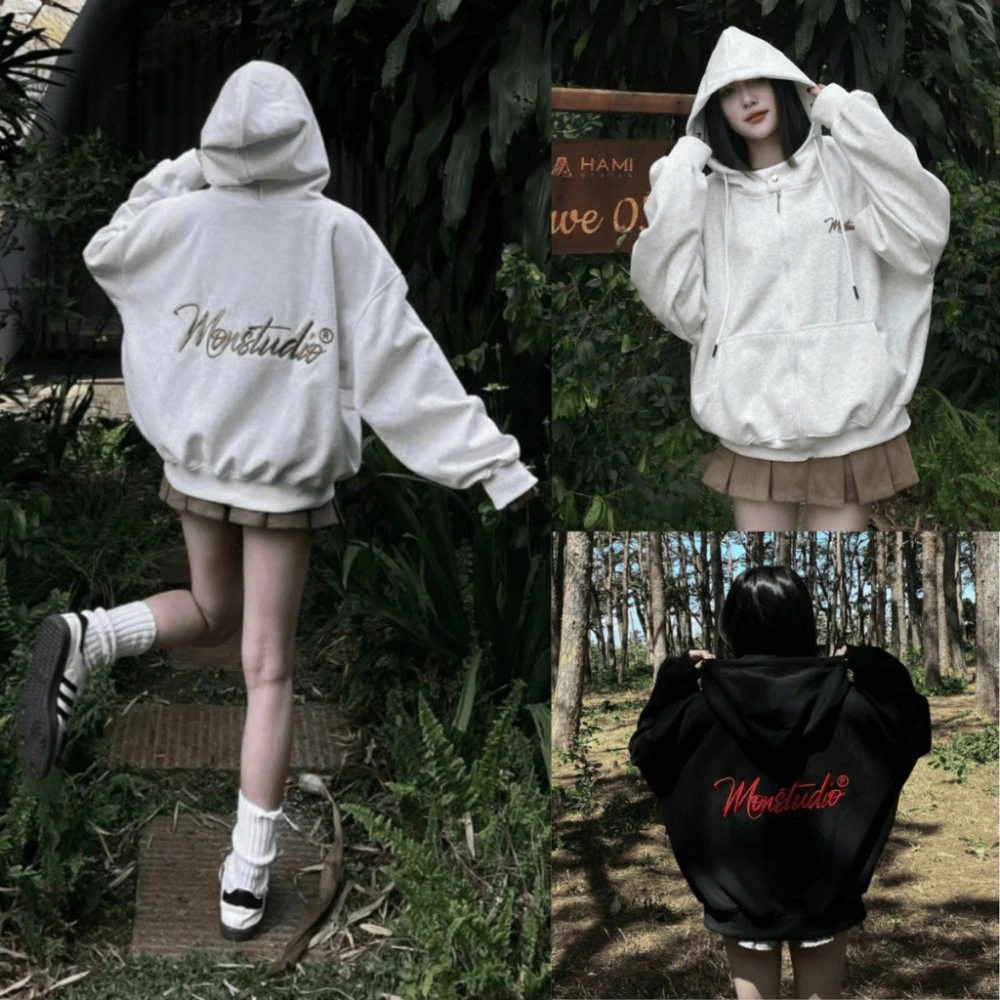 2 Áo Khoác Hoodie Zip Boxy Chữ Thêu Lưng Nổi MON STUDIO Fofm Dnags Rộng, Cổ Có Nút Bấm Chất Nỉ Bong Dày Dặn New 2025
