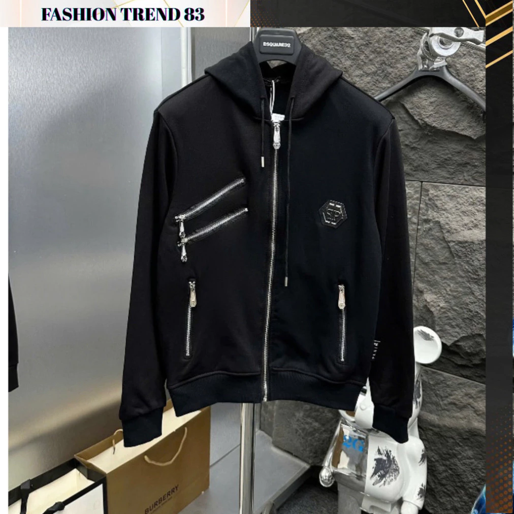 Áo hoodie Kéo Khóa zip nam Phillip Plein nỉ Chuẩn Hàng Quảng châu Siêu Đẹp, Áo Khoác Mũ Philipp Thêu nét Mẫu Mới Nhất Bo