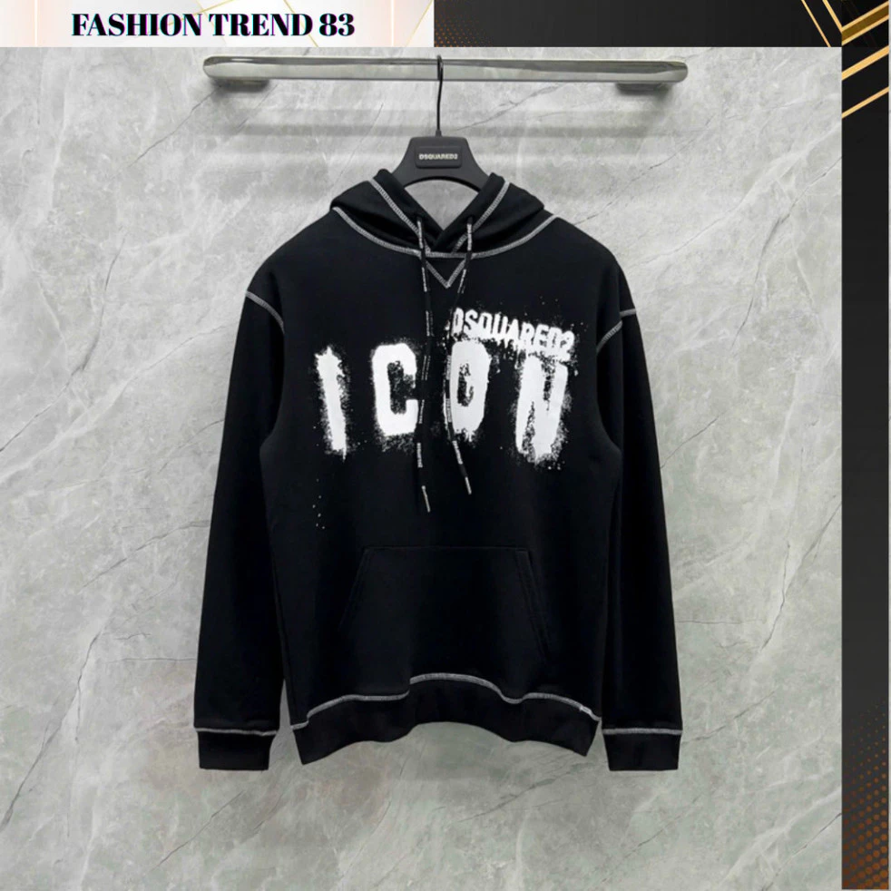 Áo hoodie nam nữ D.S.Q nỉ chân cua in chữ I.C.O.N loang sơn ngực phối may chỉ vắt sổ ngược boy phố Boy Phố 2025