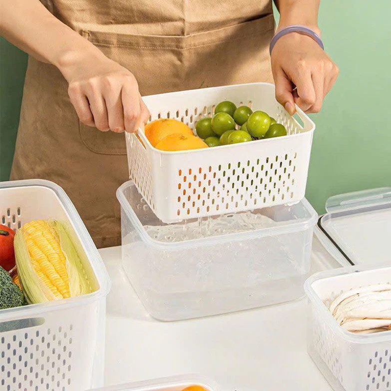 [BH 1 Đổi 1] Hộp Bảo Quản Thực Phẩm Tươi Kèm Rổ Thoát Nước, Hộp Đựng Thực Phẩm Chống Đọng Nước Có Nắp