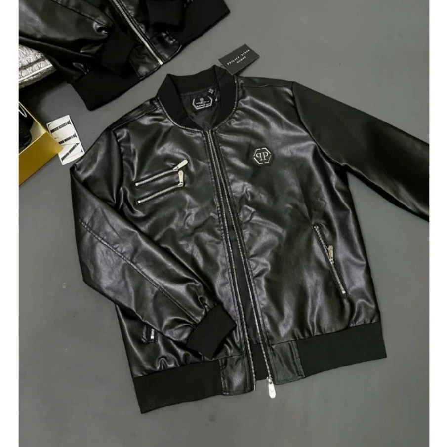 Áo khoác da bomber jacket nam Philipp Plein da Pu bóng thêu logo da tag sắt khoá zip phối chữ lưng hottrend  2025