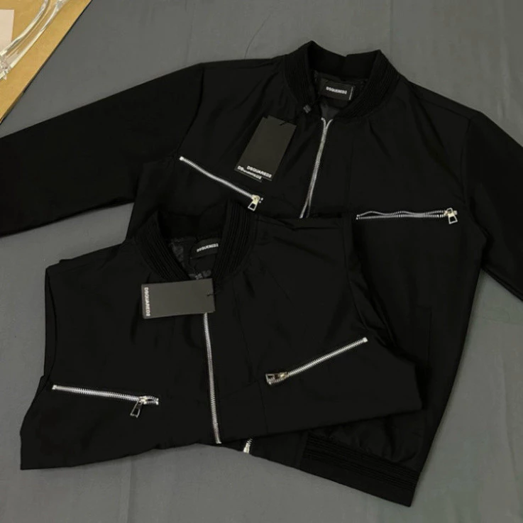 Áo Khoác Bomber Gió Nam Nữ DSQ Phối Thêu Túi Khoá Zip Bạc Hai Bên Ngực Lót 2 Lớp Cao Cấp Boy Phố  2025 Hot Trend 2025