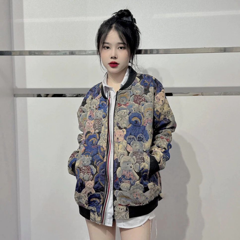 Áo Khoác Bomber Hình Gấu Áo Khoác Gấu 2 Lớp Chất Gấm Dệt Cao Cấp  2025 Hot Trend 2025