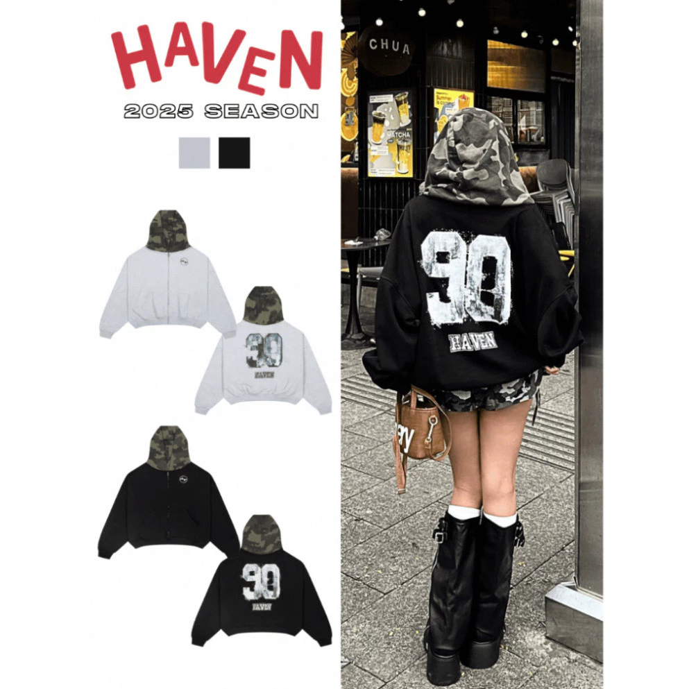 Áo Khoác HAVEN Hoodie Nỉ Nam Nữ Form Rộng Unisex Có Nón Camo Rằn Ri In Số 90 HAVEN Oversize Thời Trang 2025