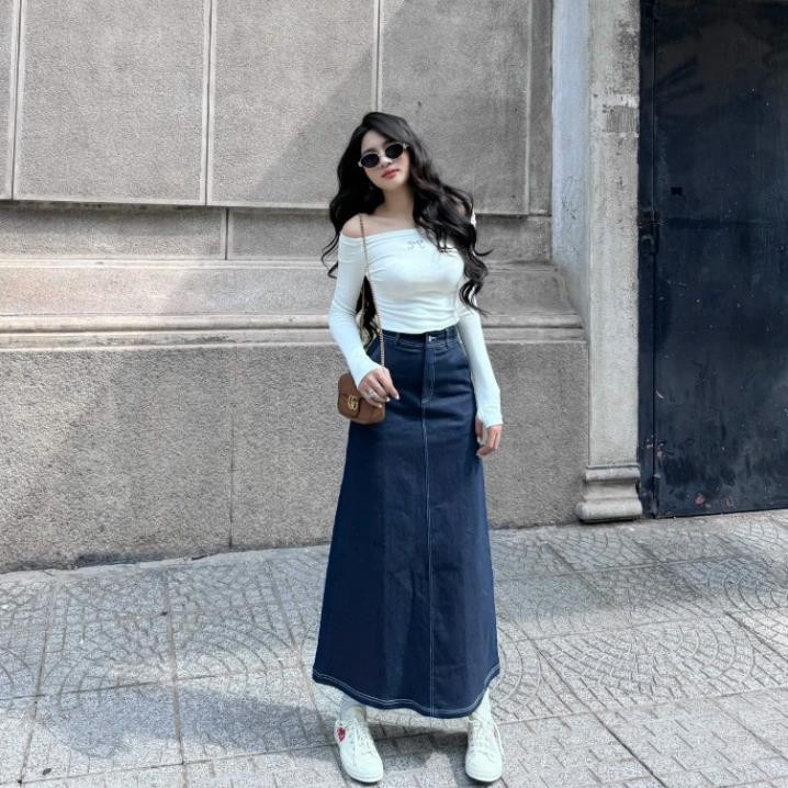 Chân váy jean chỉ nổi nữ chữ A dáng dài TDS chất liệu Jeans dày dặn V07