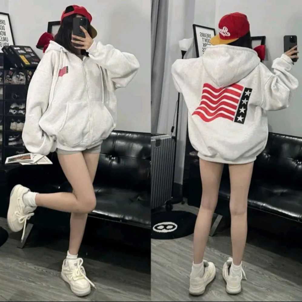 Áo Hoodie Nữ Zip Form Rộng AMR FLAG Hoạ Tiết Cờ Mỹ In Nhiệt Tốt Nổi Bật 2025 tt