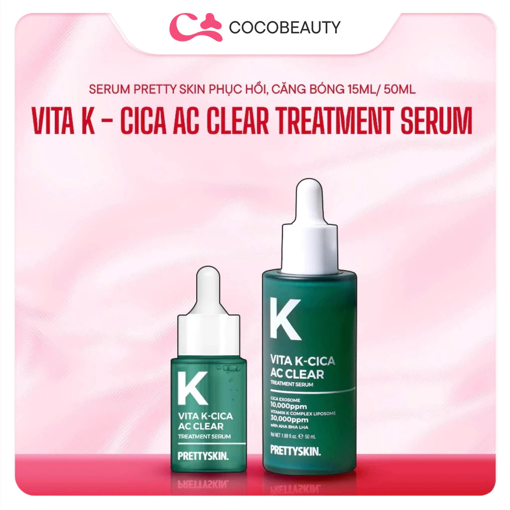 Serum Pretty Skin Vita K - Cica AC Clear Treatment, Serum Phục Hồi, Serum Căng Bóng Da 50ml/15ml - XANH