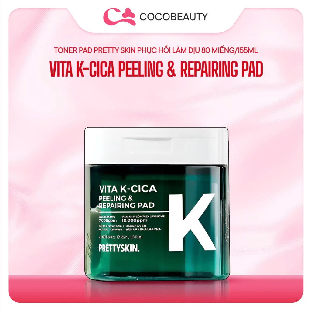 Toner Pad Pretty Skin Vita K-Cica Peeling & Repairing Pad Phục Hồi Làm Dịu 80 Miếng/155ml - XANH