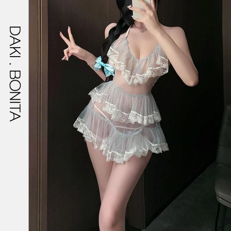 Bộ đồ váy ngủ xuyên thấu DK318 kiểu áo yếm váy xếp tầng kèm quần lót gợi cảm Slay Sexy