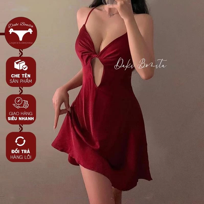 Đầm ngủ lụa mặc nhà DK127 kiểu váy 2 dây kèm mút ngực quyến rũ Slay Sexy