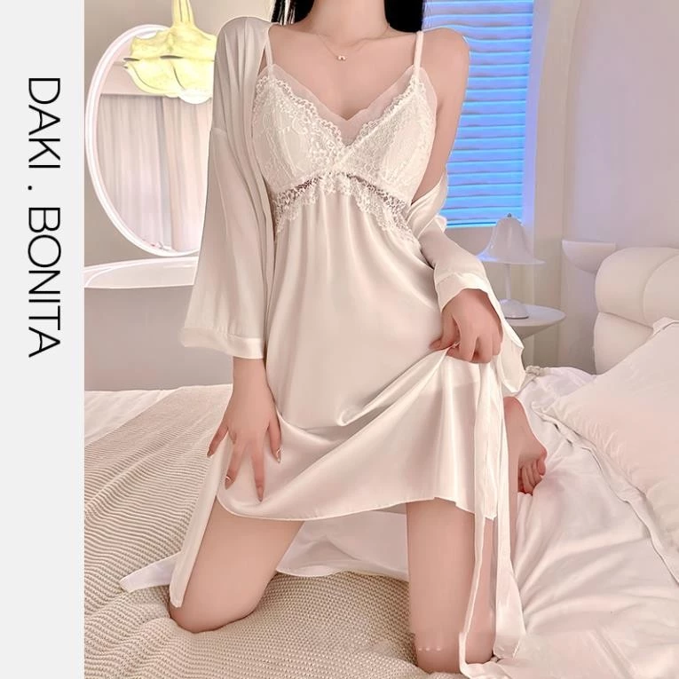 Váy ngủ lụa 2 dây DK341 kèm mút ngực phối ren có quần lót gơị cảm KHÔNG KÈM ÁO CHOÀNG Slay Sexy