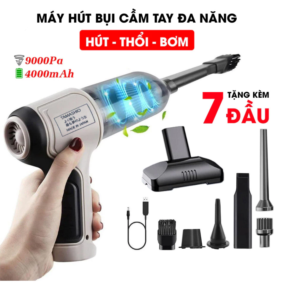 Máy Hút Bụi Cầm Tay Không Dây Nhật Bản 7 Đầu Hút, Kiêm Máy Thổi Bụi Sạc Pin Tiện Dụng Lực Hút 9000PA SP01