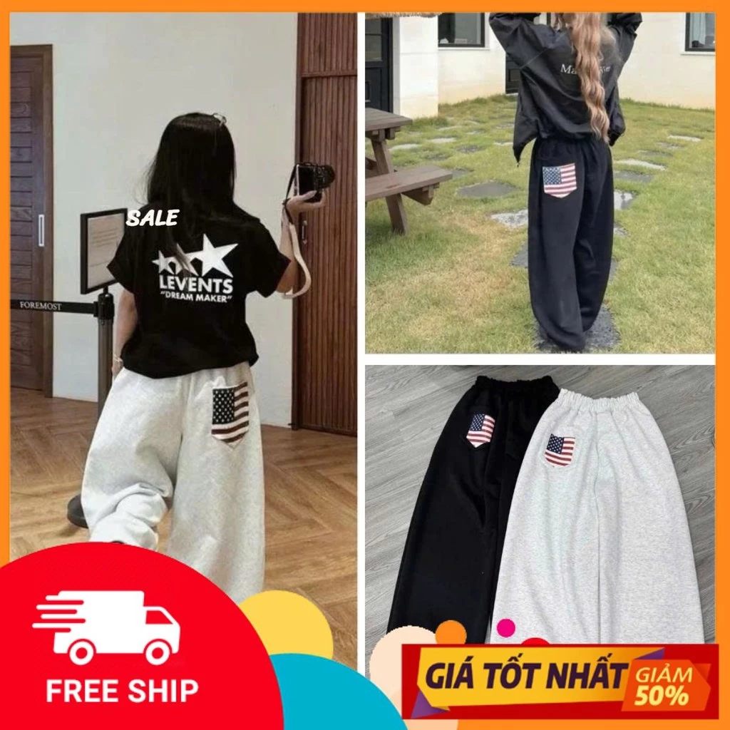 Quần Suông CỜ Ống Rộng Nữ in Ốp Túi Sọc Đỏ Trắng Cạp Chun Dây Rút Gấu Thời Trang Hot Trend 2025 2026