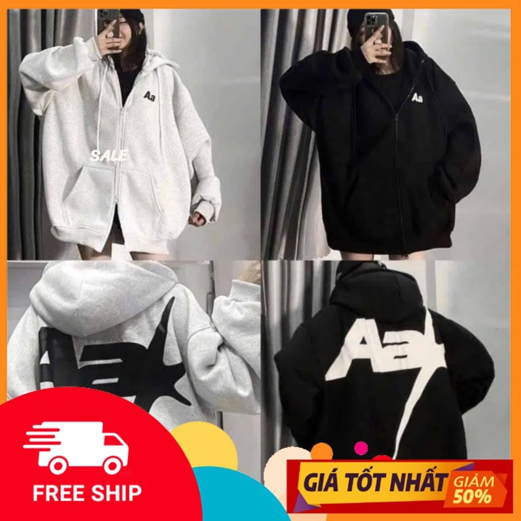 Áo khoác Hoodie zip Nỉ Bông logo Chữ A Form Rộng Giấu Quần Mũ To 2 Lớp Dày Dặn - Áo Khoác Nam Nữ  Chữ A Hottrend 2024