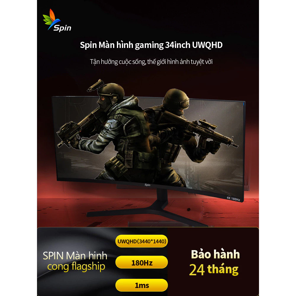 Màn hình cong Spin 34 inch UWQHD Tỉ lệ siêu rộng 21:9 Tần số quét 180Hz Thời gian phản hồi 1ms Màu sắc đạt chuẩn điệ
