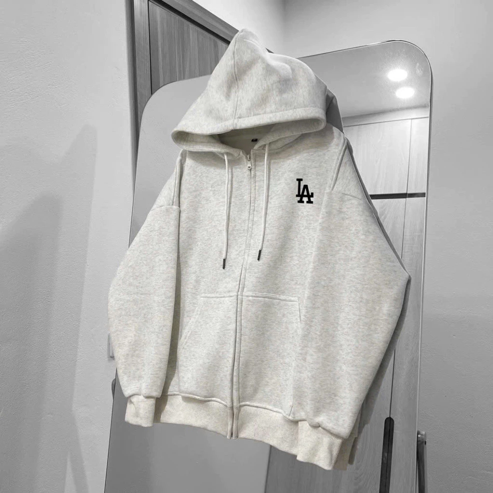 Áo hoodie zip nỉ nam nữ In LA áo khoác hoodie zip loại nỉ bông,form rộng vải dày dặn bền bỉ màu xám  New 2025