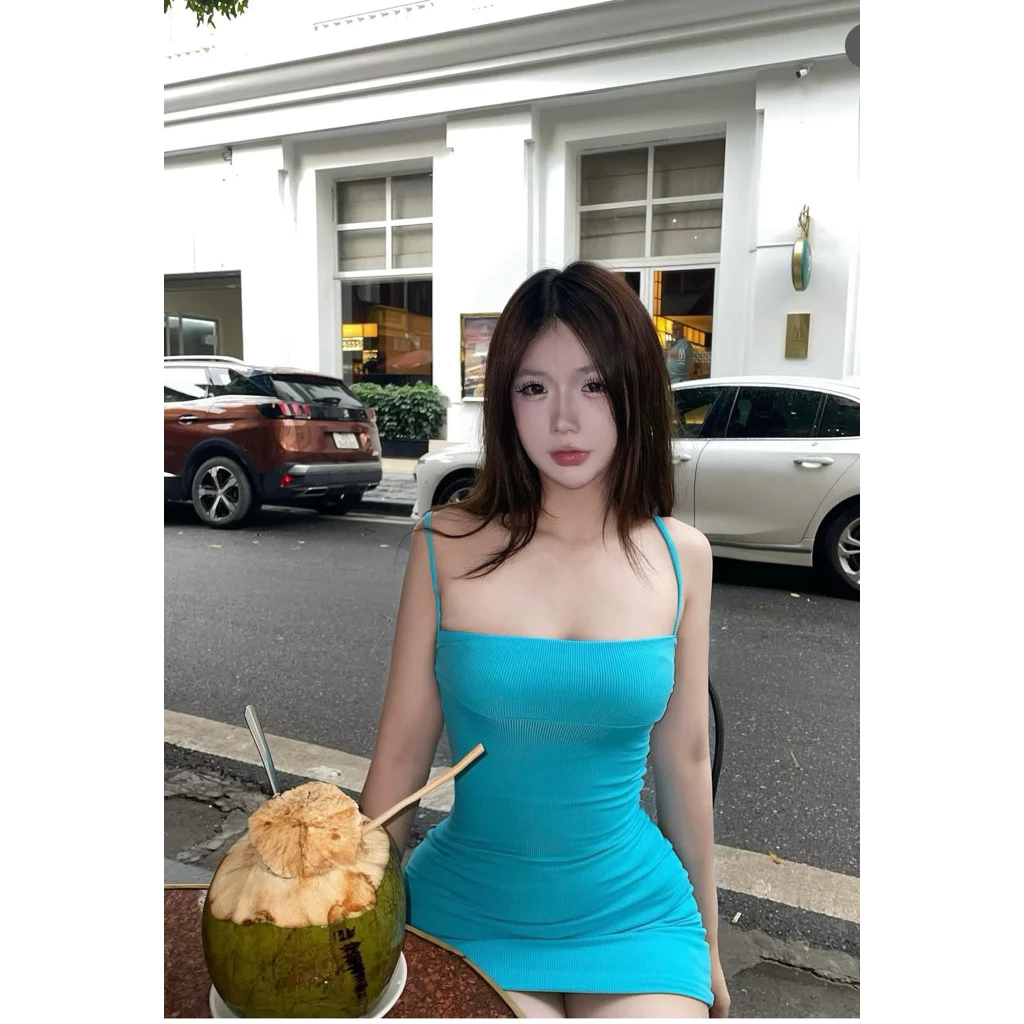 Váy xanh dương hai dây thun gân (2 Lớp)