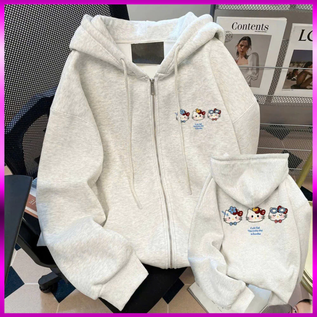 Áo Khoác Nỉ Hoodie Zip CUTE CAT Mèo Dễ Thương, Túi Đặc Biệt, Mũ To 2 Lớp, Form Rộng Cho Nam Nữ, Chất Nỉ Bông Dày Dặn.