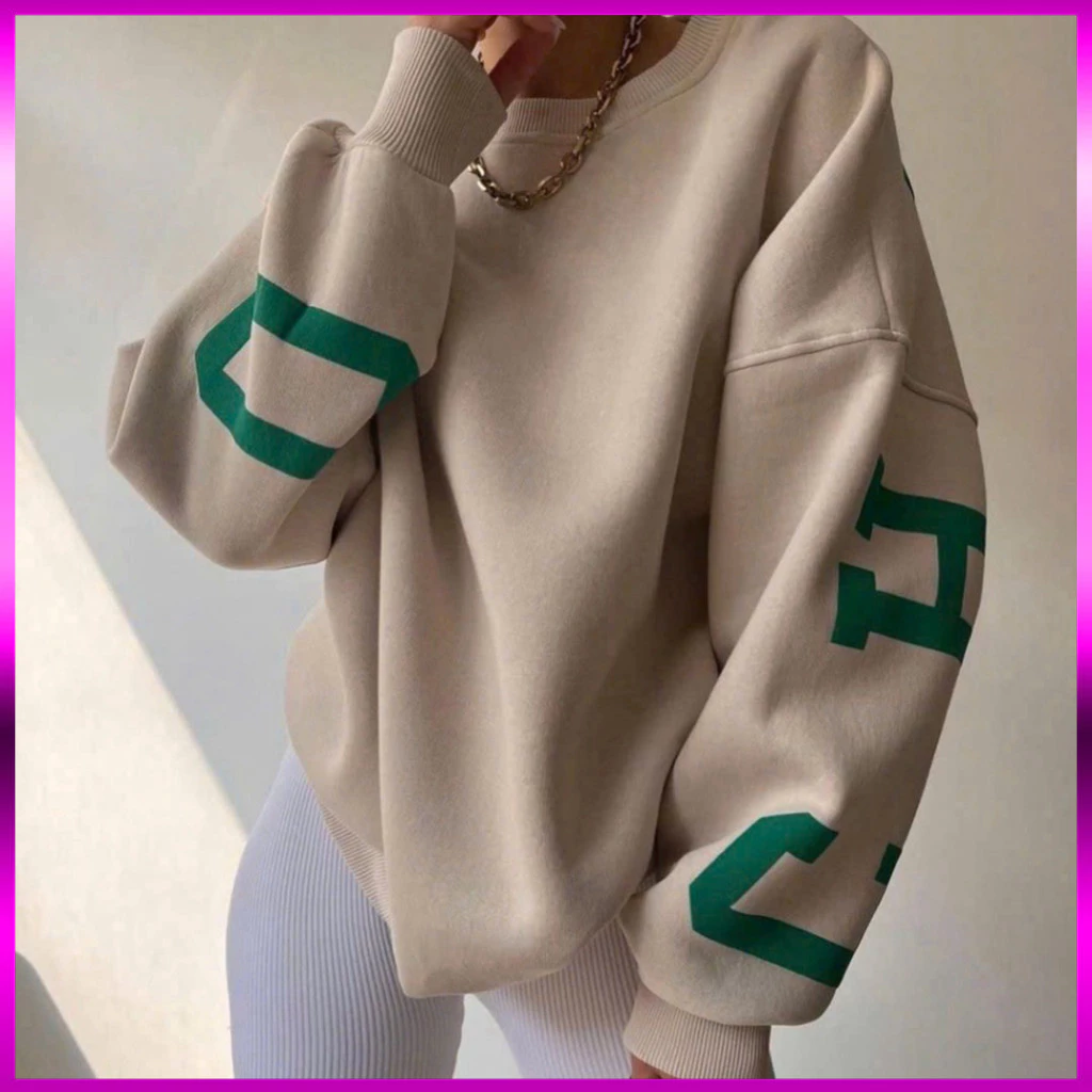 Áo Sweater Nỉ Rộng In Chữ Tay và Lưng – Áo Thun Dài Tay Unisex Nam Nữ Phong Cách Streetwear Thời Trang