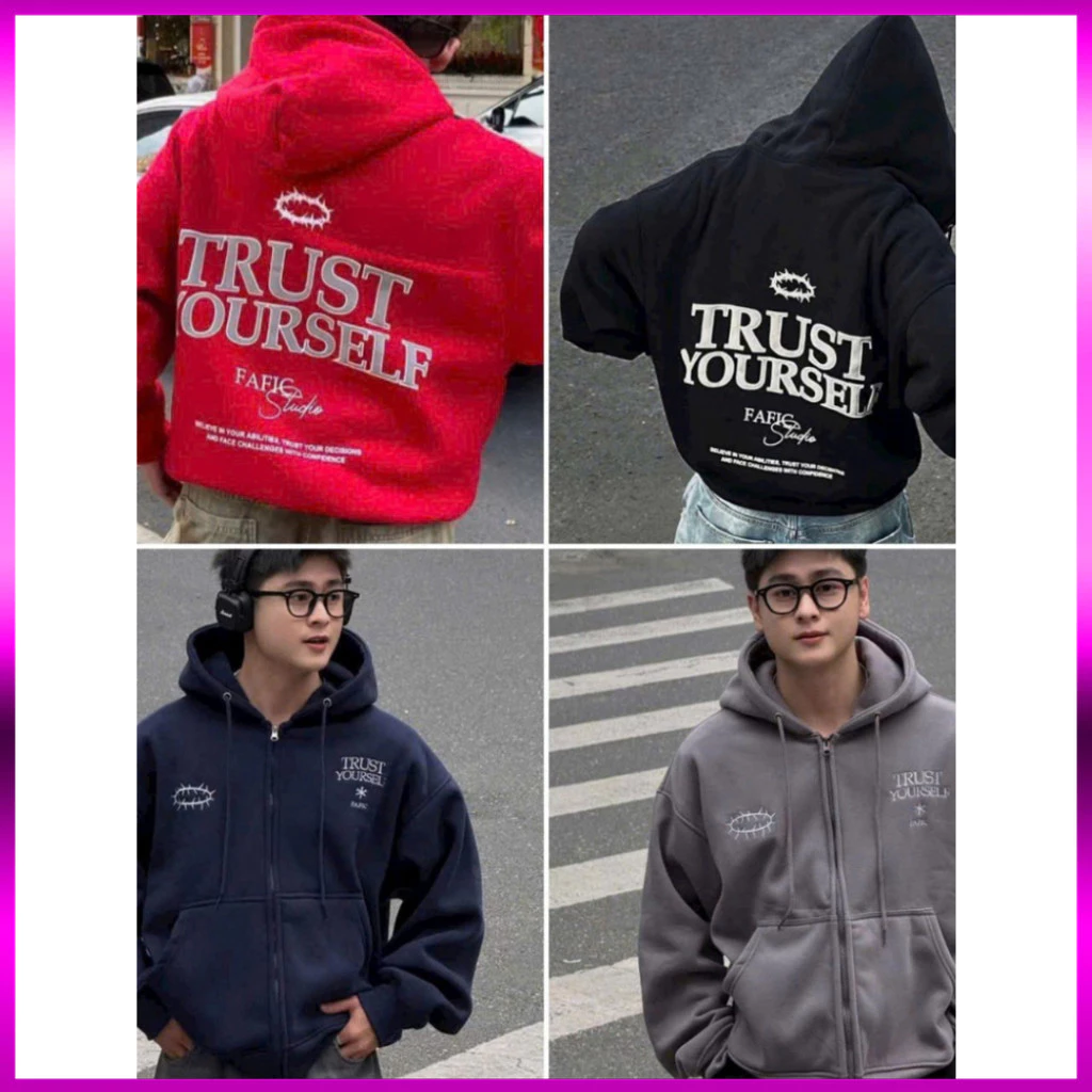 Áo Khoác Zip Có Túi in chữ TRUST YOURSELF Boxy Cổ Cao Tay Dài Phồng Unisex Áo Hoodie Nỉ Bông Top Jacket Nam Nữ